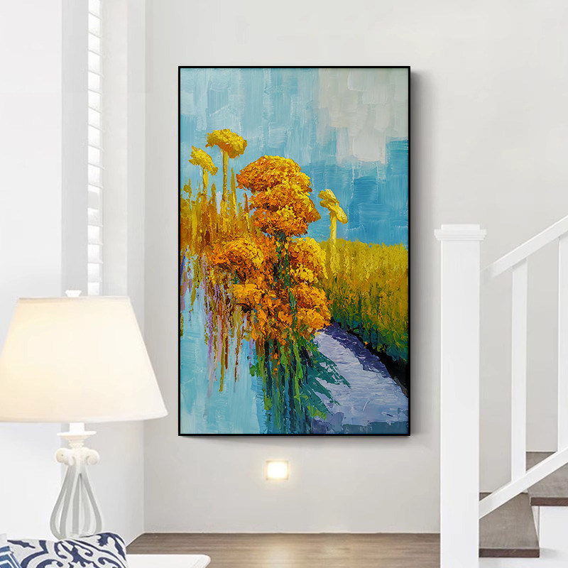 Hand Painted Oil Canvas Painting Golden Flowers Modern Colorful Decoration Wall Hanging for Living Room Home Decor